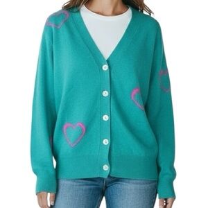 TWO TO FIVE 100% Cashmere Teal Button Up Cardigan With Pink Hearts Size X-Small